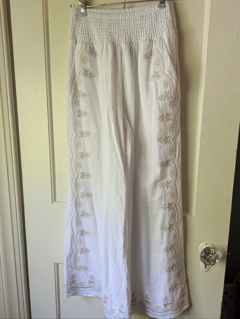 White Embroidered Wide Leg Linen Pants